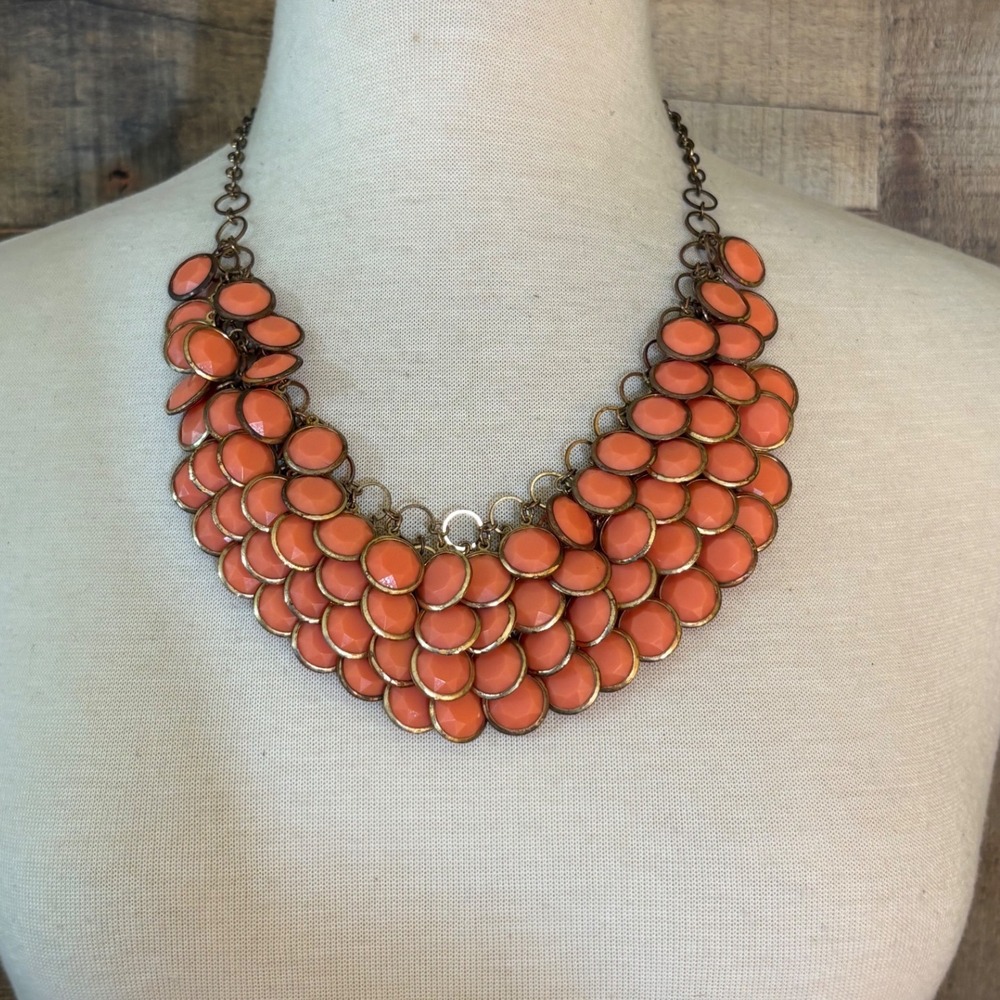 Orange Statement Bib Necklace Bronze Tone Tiered Scale Cabochon